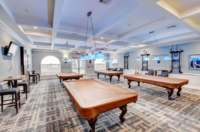 rec room with ornamental molding, coffered ceiling, beam ceiling, billiards, and carpet floors