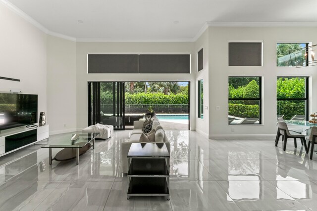 living room with ornamental molding and a wealth of natural light