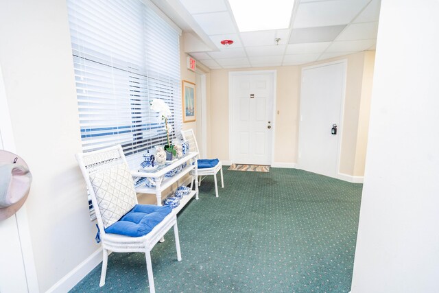 hallway with carpet flooring and a paneled ceiling