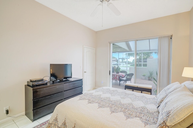 bedroom featuring ceiling fan and light tile patterned floors