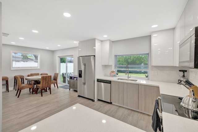 kitchen with sink, light hardwood / wood-style flooring, tasteful backsplash, white cabinetry, and stainless steel appliances