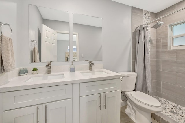 bathroom with toilet, vanity, and a shower with shower curtain