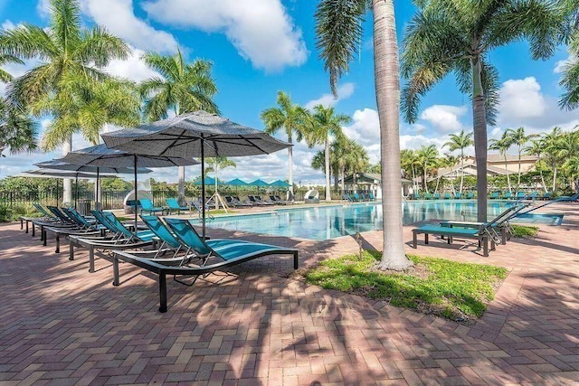 view of pool featuring a patio