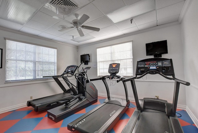 workout area featuring ornamental molding, a drop ceiling, ceiling fan, and a healthy amount of sunlight