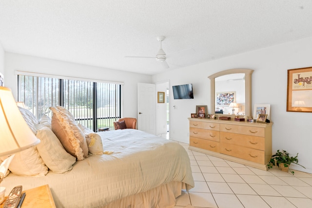 bedroom featuring light tile patterned floors, a textured ceiling, access to outside, and ceiling fan