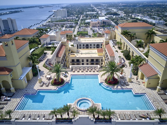 drone / aerial view featuring a water view