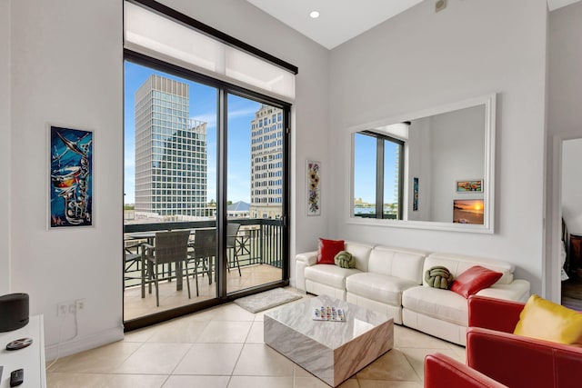 living room with light tile patterned floors