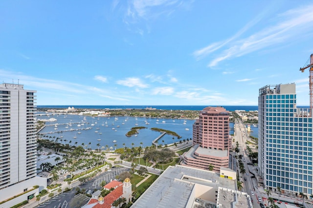 drone / aerial view featuring a water view