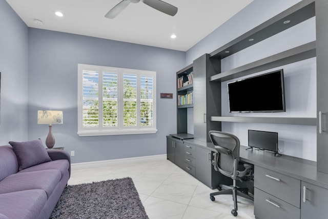 home office with baseboards, a ceiling fan, built in study area, marble finish floor, and recessed lighting