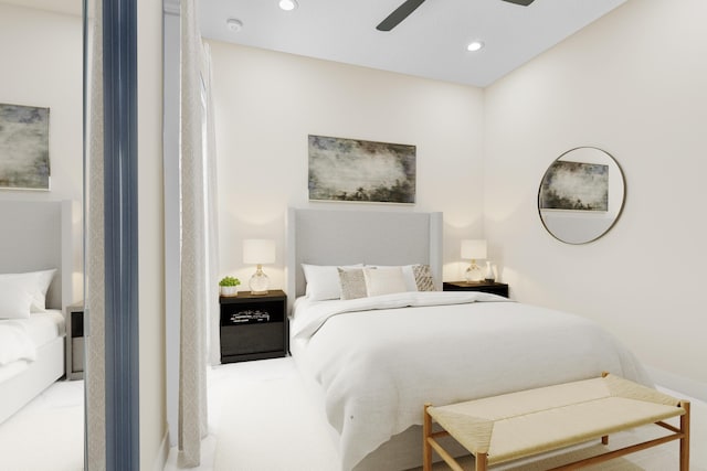 bedroom with carpet floors, a ceiling fan, and recessed lighting