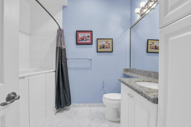 full bathroom featuring toilet, marble finish floor, vanity, and baseboards