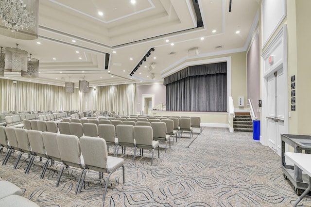 miscellaneous room with a tray ceiling, crown molding, recessed lighting, light carpet, and baseboards