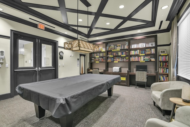 game room with billiards, coffered ceiling, crown molding, carpet flooring, and recessed lighting