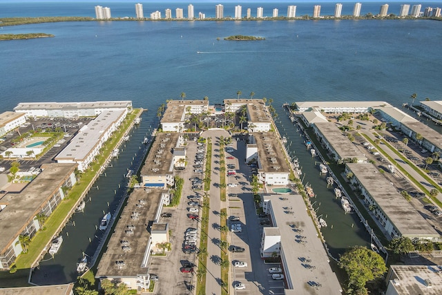 bird's eye view with a water view