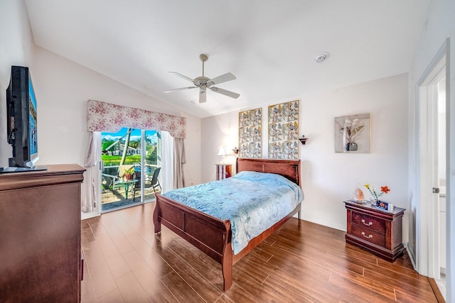 bedroom featuring hardwood / wood-style floors, access to outside, ceiling fan, and lofted ceiling