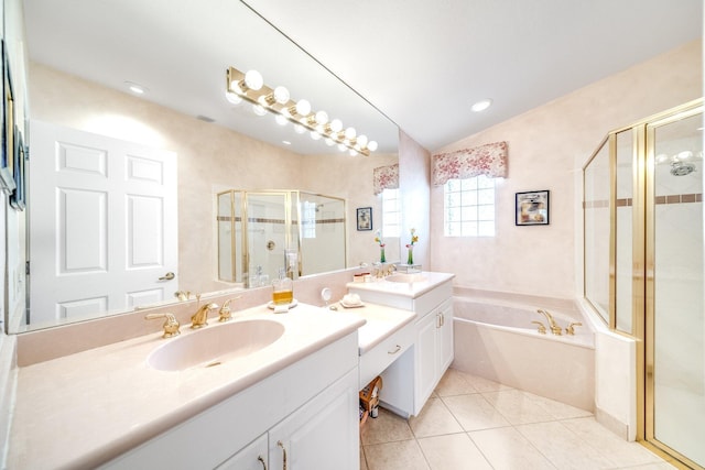 bathroom with separate shower and tub, tile patterned flooring, and vanity