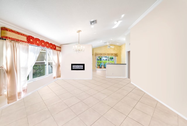 unfurnished living room featuring light tile patterned floors, ceiling fan with notable chandelier, vaulted ceiling, and crown molding