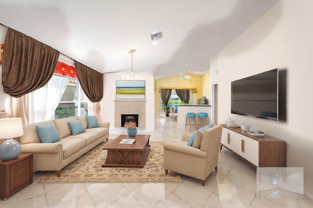 living room featuring ceiling fan with notable chandelier and vaulted ceiling