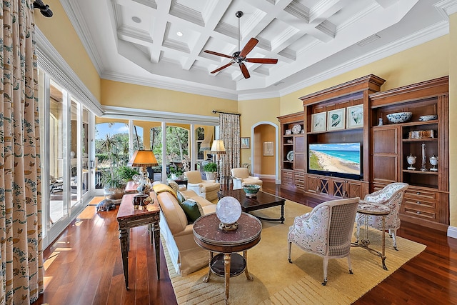 living room with beamed ceiling, coffered ceiling, and ornamental molding