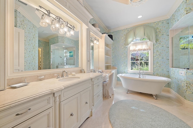 bathroom with vanity, ornamental molding, and shower with separate bathtub