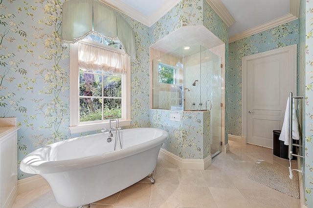 bathroom with a healthy amount of sunlight, crown molding, and independent shower and bath