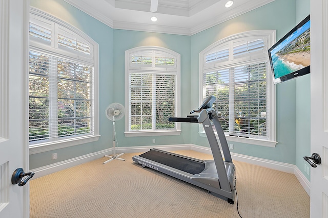 exercise room featuring carpet floors, crown molding, a wealth of natural light, and a tray ceiling