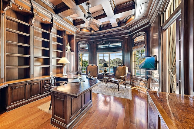 home office with hardwood / wood-style floors, built in features, wooden walls, and crown molding