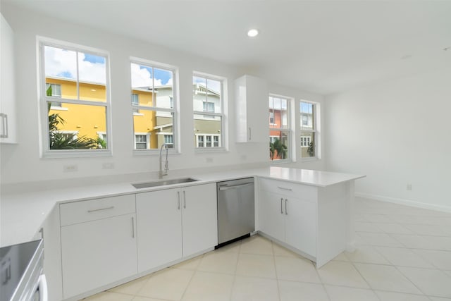 kitchen with kitchen peninsula, white cabinetry, sink, and stainless steel dishwasher