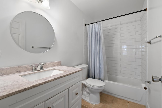 full bathroom with toilet, tile patterned flooring, shower / bath combo with shower curtain, and vanity