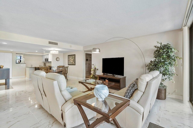 living room featuring a textured ceiling