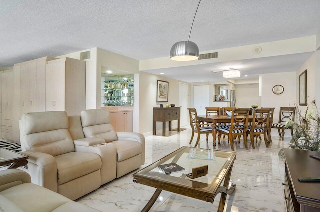 living room featuring a textured ceiling