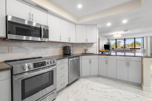 kitchen featuring backsplash, white cabinets, sink, appliances with stainless steel finishes, and kitchen peninsula