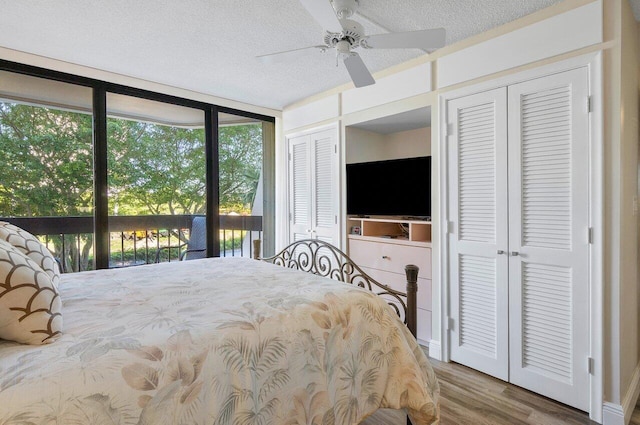 bedroom with access to outside, two closets, hardwood / wood-style flooring, ceiling fan, and a textured ceiling