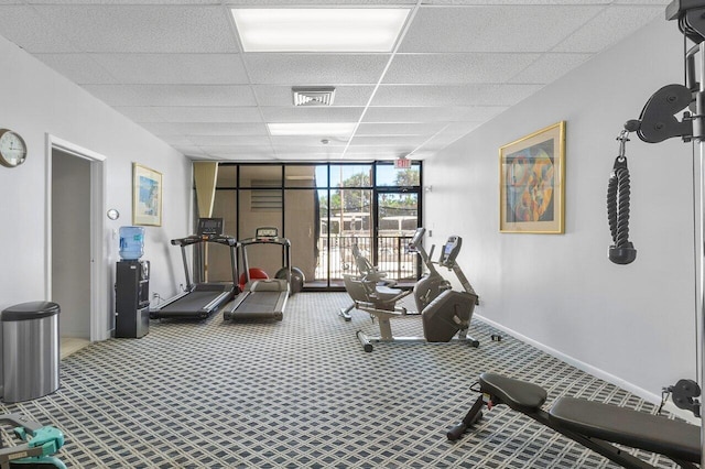 gym featuring carpet floors, a drop ceiling, and a wall of windows