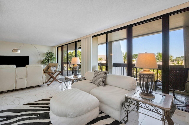 living room with a wall of windows and a textured ceiling