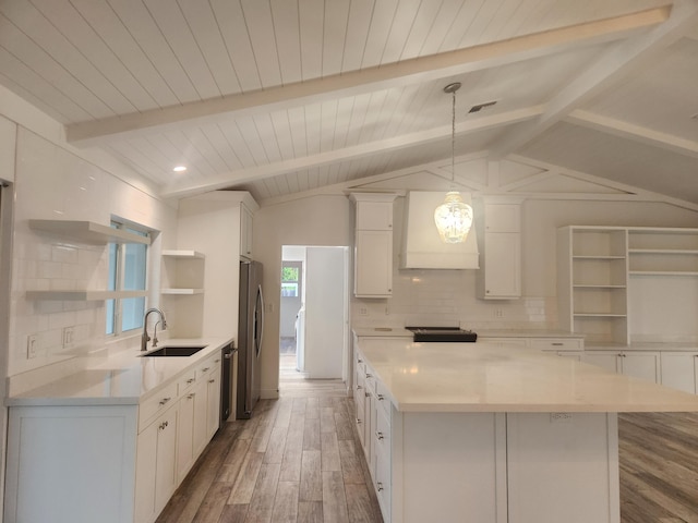 kitchen featuring backsplash, dark wood-type flooring, sink, lofted ceiling with beams, and white cabinets