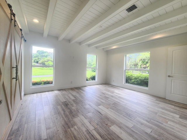 empty room featuring a barn door, light hardwood / wood-style floors, and a healthy amount of sunlight