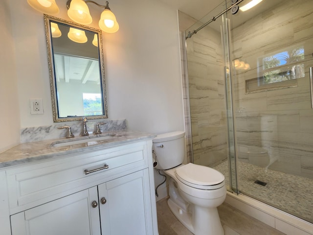 bathroom featuring vanity, toilet, and walk in shower