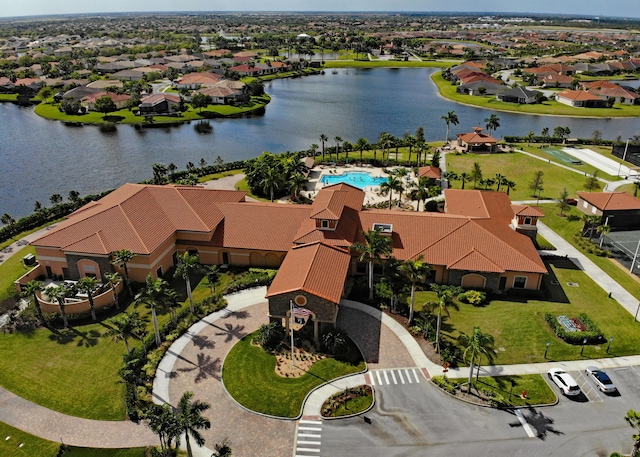 aerial view featuring a water view