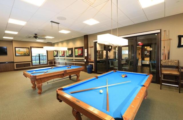 game room featuring french doors, billiards, a paneled ceiling, dark carpet, and ceiling fan