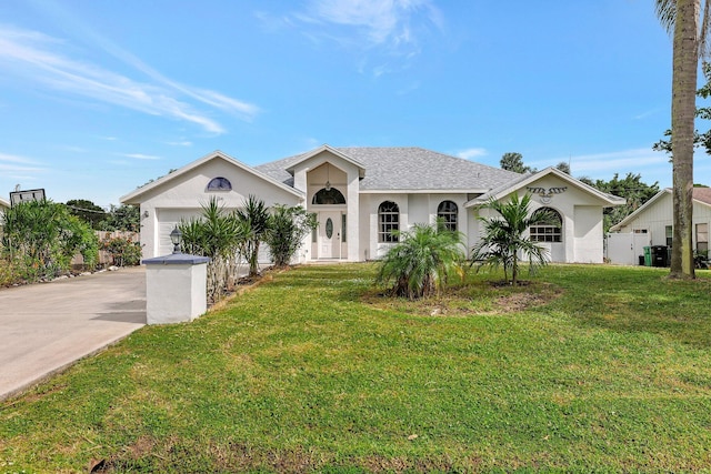 ranch-style home with a front yard and a garage