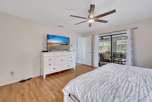 bedroom with access to exterior, ceiling fan, and light hardwood / wood-style flooring