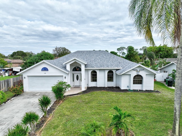 ranch-style home featuring a front yard and a garage