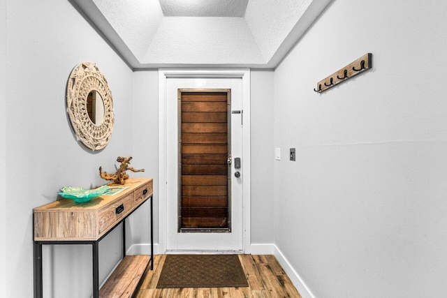 doorway to outside with hardwood / wood-style floors and a tray ceiling