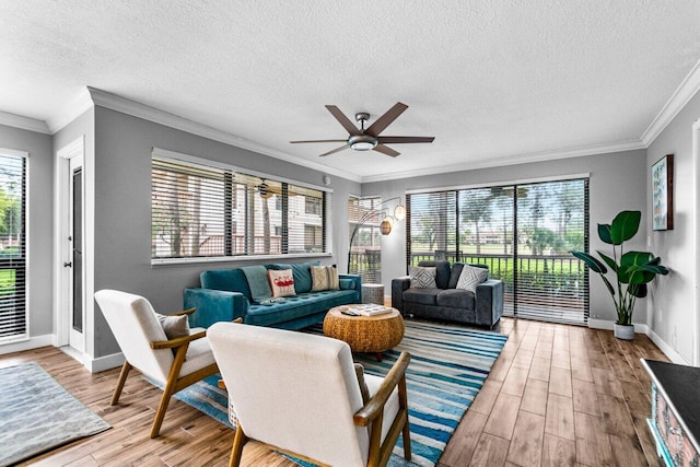 living room featuring a textured ceiling, light hardwood / wood-style flooring, a wealth of natural light, and ornamental molding