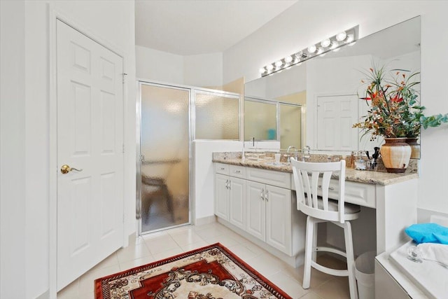 bathroom with tile patterned flooring, vanity, and a shower with door