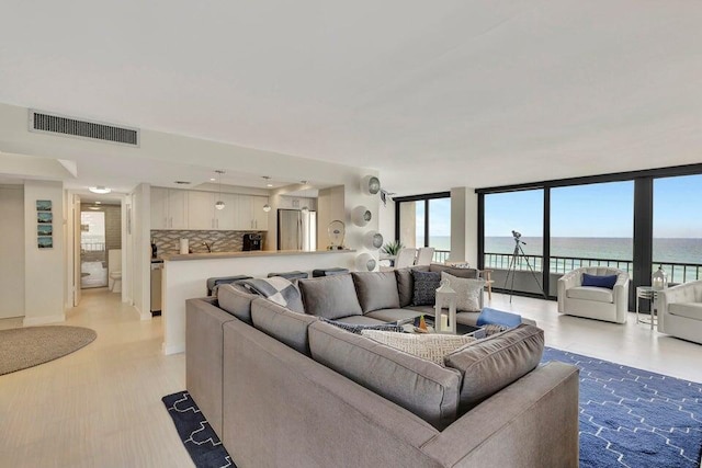 living room with a water view