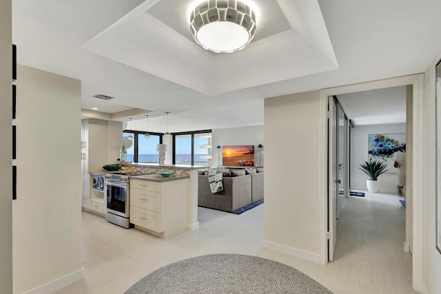 kitchen featuring electric range and a raised ceiling