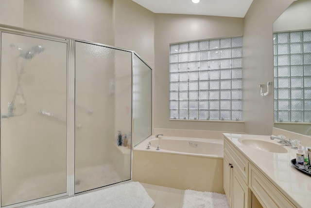 bathroom featuring vanity, plus walk in shower, and lofted ceiling