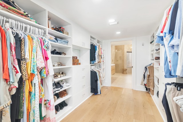 spacious closet with light hardwood / wood-style flooring